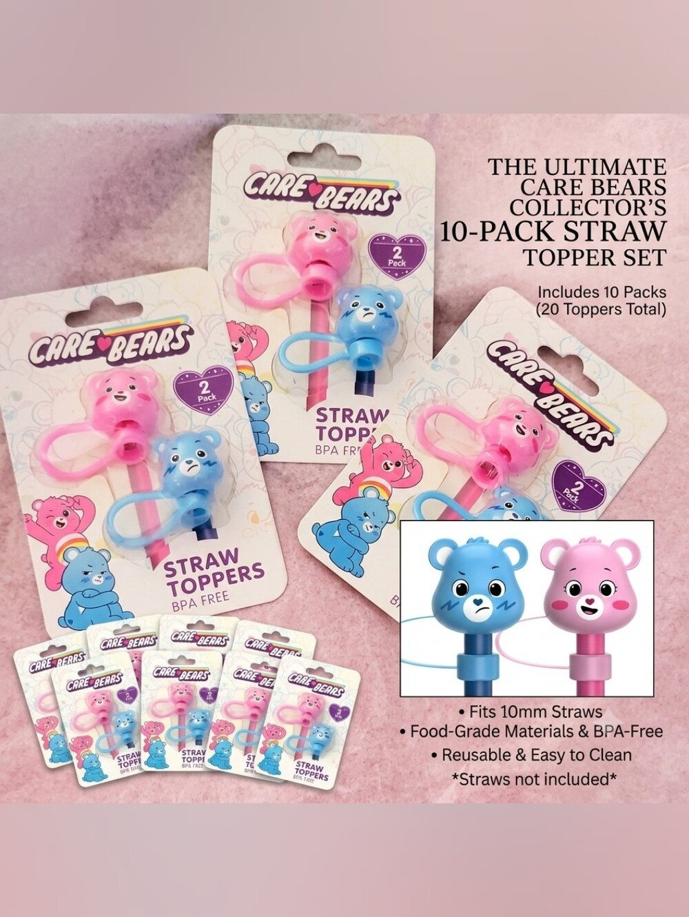 NWT 10 Sets Care Bears Grumpy Bear & Cheer Bear 10mm Straw Toppers BPA FREE